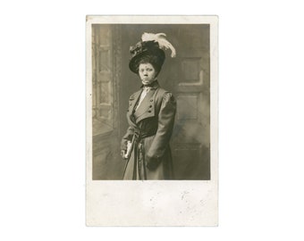To Mrs E Sturd of Sibley Mich ~ RPPC ~ Edwardian Woman wearing Hat Veil ~ Vintage Photo Postcard ~ name on back S39