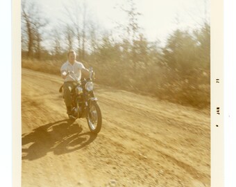 Get Your Motor Runnin’ ~ Candid Vintage Photo ~ Action Shot of Man Riding Motorcycle ~ 1970s Vintage Snapshot M36