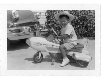 Vintage Snapshot ~ Black Boy Riding Murray Super Sonic Jet Pedal Car ~ Vintage Photo B7