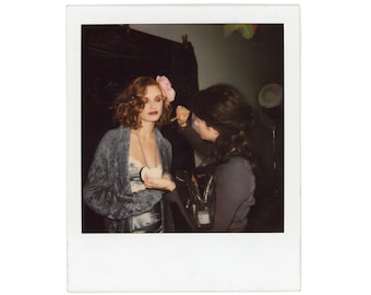 Lights Camera Action ~ Vintage Polaroid Photo ~ Woman with Eyes Closed with Makeup Artist ~ Candid Vintage Snapshot W7