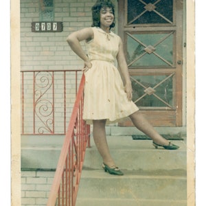 Well Loved Worn Vintage Snapshot Young Black Woman with Hand on Hip on the Porch at 9707 Vintage Photo S55 image 2