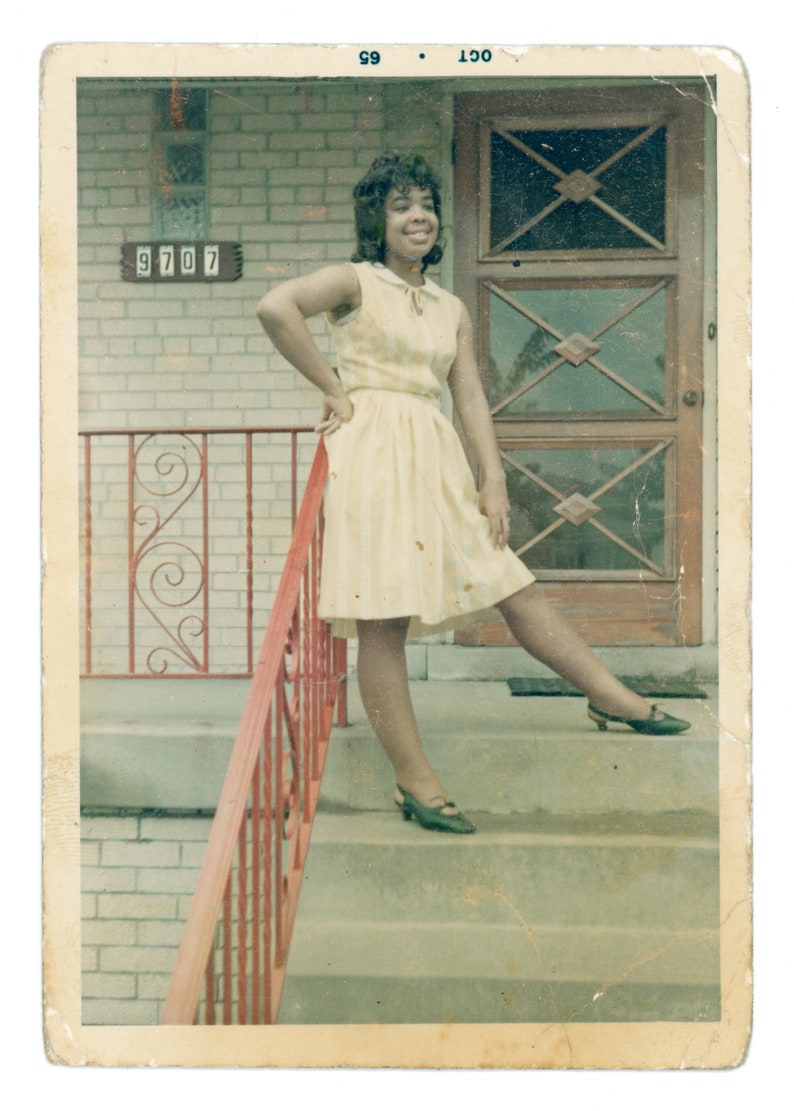 Well Loved Worn Vintage Snapshot Young Black Woman with Hand on Hip on the Porch at 9707 Vintage Photo S55 image 2