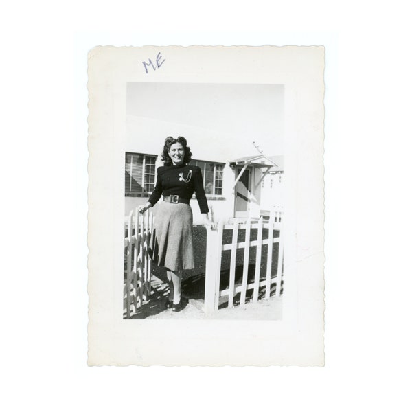 Me ~ 1940s Vintage Snapshot ~ Lovely Woman at the Fence Gate ~ Vintage Photo ~ writing on front S41