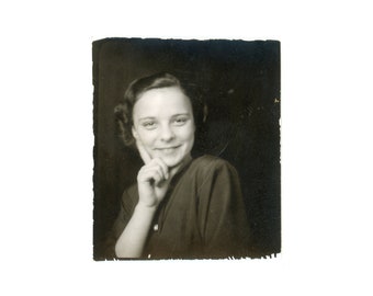 Vintage Photo Booth ~ Young Woman with Hand on Chin against Negative Space Black Background ~ Vintage Photobooth PB23