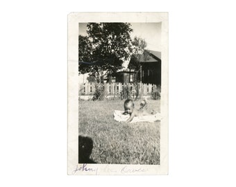Johny Lee Davis ~ Vintage Snapshot ~ Cute Black Baby Laying on the Front Yard Lawn ~ Vintage Photo ~ writing on front BA2