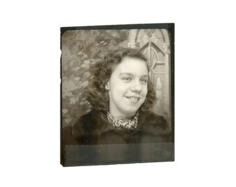 Fur Collar Coat ~ Vintage Photo Booth ~  Happy Young Woman Looking Away ~ Vintage Photobooth PB2