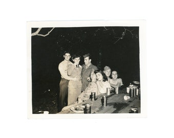 Love Triangle or Odd Man Out ~ Vintage Snapshot ~ Group of Couples at Party Eating and Drinking at Picnic Table ~ Vintage Photo GR9