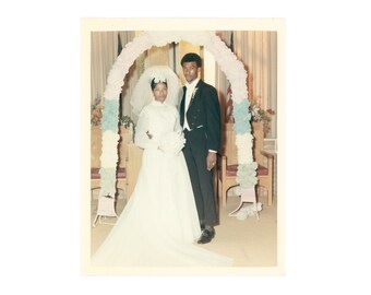 Vintage Photo: Black Bride and Groom Wedding Portrait, 1970s Snapshot C12