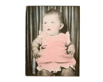 Large Vintage Photobooth ~ Blue Eyed Baby in Pink ~ Tinted Vintage Photo Booth Arcade