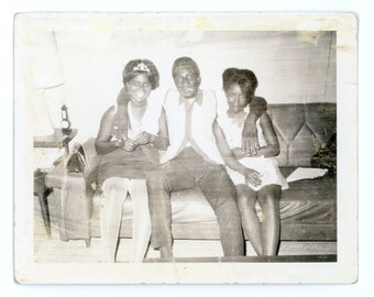Three's Not a Crowd ~ Vintage Polaroid Snapshot ~ Affectionate Black Man and Women sitting on the Couch ~ Vintage Photo GR12