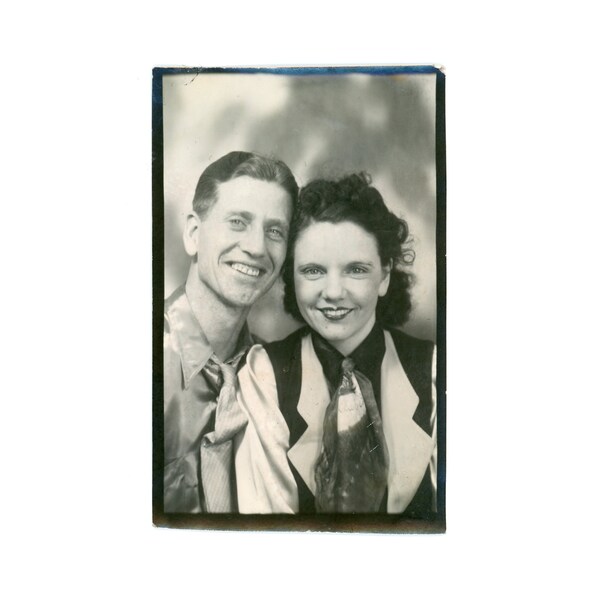 Vintage Photobooth Arcade Snapshot ~ Smiling Couple with Scarfs and Ties ~ Vintage Photo Booth CPB2