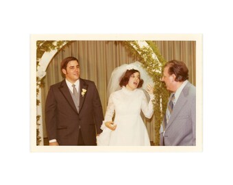 Awkward Mid Conversation: Vintage Photo of Bride and Groom at Wedding ~ 1970s Snapshot C17