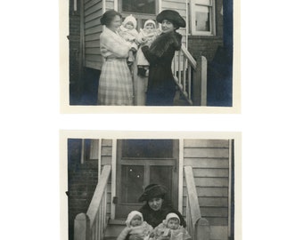 Look at the Babies ~ 2 Vintage Snapshots ~ Woman in Fur Cape Holding Children ~ 1910s Vintage Photos WAC1