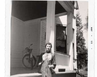 Melancholy ~ 1950s Vintage Snapshot ~ Woman Sitting on Porch Steps with Bicycle in the Background ~ Soft Focus Vintage Photo S25