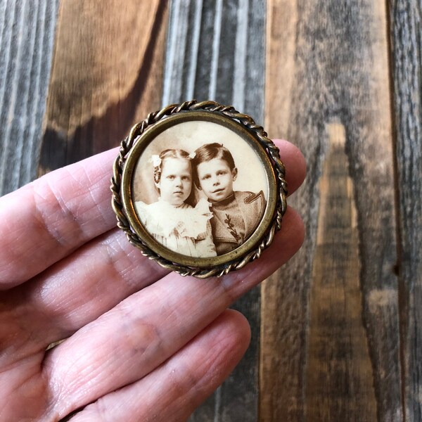 Cute as a Button ~ Victorian Photo Brooch ~ Adorable Boy and Girl ~ Small Antique Photo Pin