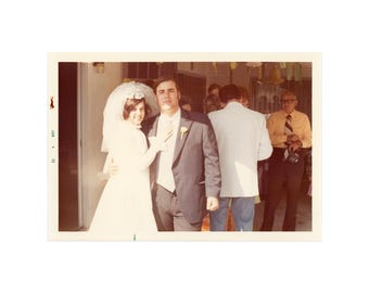 Happy Couple: Vintage Photo of Bride and Groom on Wedding Day ~ 1970s Snapshot C13