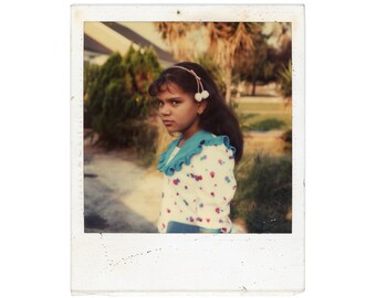 If Looks Could Kill ~ Vintage Polaroid Photo ~ Portrait of Black Girl with Pompom Hair Ribbon ~ Vintage Snapshot G15