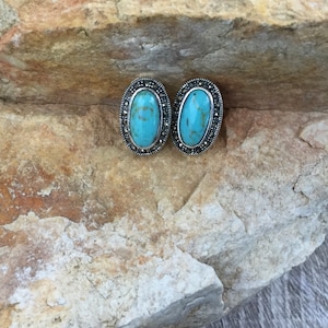 Turquoise and Marcasite Stud Earrings in Sterling Silver, Dainty Earrings, Oval Green Turquoise Studs