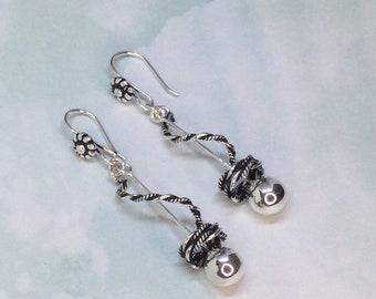 Spiral Oxidized Sterling Silver Drop Earrings, Twist Dangle Earrings, Circle Earrings