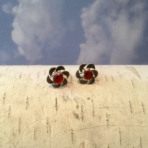 Ruby Stud Earrings,Red Flower Earring, Sterling Silver Jewelry, Birthstone Earrings