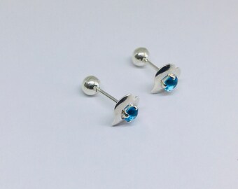 Blue Topaz Earrings, Double Sided Heart Stud Earrings, Sterling Silver Jewelry, Front and Back