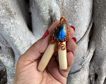 Labradorite Stone kuripe Self Applicator, Palo Santo Kuripe, Shaman Ritual Ceremony kuripe, Shaman Pipe