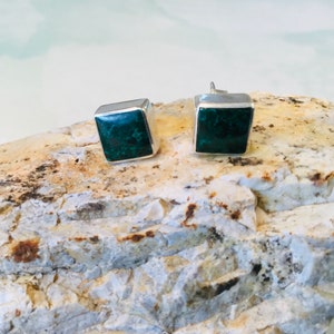 Chrysocolla  Stud Earrings in Sterling Silver, Green Gemstone Earring, Small Square Earrings