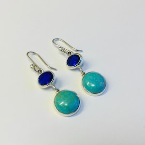 Turquoise and Sapphire Earrings in Sterling Silver, Blue Dangle Drop Earrings, Birthstone Earrings