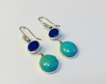 Turquoise and Sapphire Earrings in Sterling Silver, Blue Dangle Drop Earrings, Birthstone Earrings
