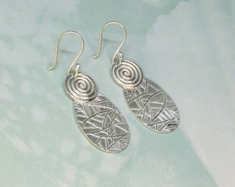 Spiral Sterling Silver Drop Earrings,  Circle Dangle Earrings, Swirled Geometric Spiral Earrings