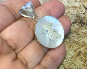 Mother Necklace in Sterling Silver, Girl Charm Pendant, MOP Necklace