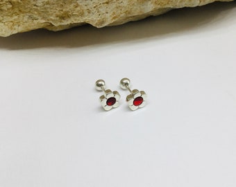 Ruby Flower Stud Earrings: Sterling Silver, July Birthstone