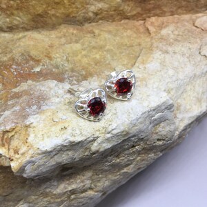 Ruby Heart Shaped Stud Earrings in Sterling Silver, July Birthstone Jewelry
