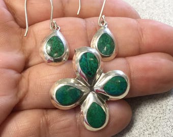 Chrysocolla Jewelry Set in Sterling Silver, Chrysocolla Dangle Earrings and Pendant, Gift For Her