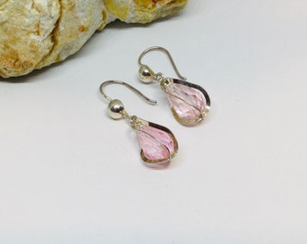 Pink Glass Earrings Set in Sterling Silver, Pink Dangle Earrings