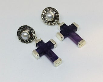 Amethyst and Pearl Earrings in Sterling Silver Earrings, Cross Earrings, Women Earrings
