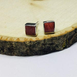 Red Spiny Oyster Earrings, Sterling Silver Stud Earrings, Red Square Spiny Oyster Shell Earrings