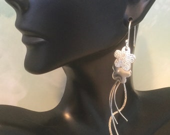 Handmade 950 Sterling Silver Flower Dangle Earrings
