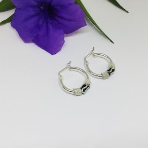 Silver Bali  Hoop Earrings, 14mm Tiny Cartilage Hoop, Oxidized Silver Earrings, Ethnic Hoop Earrings