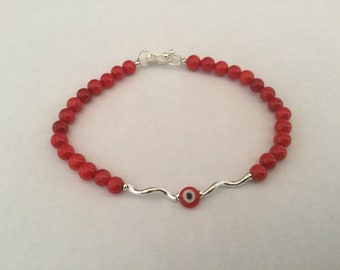 Evil Eye Bracelet, Red Coral Silver  Bracelet, gift for teenagers