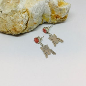 Orange Spiny Oyster Dangle Earrings, Nazca Lines Spider Sterling Silver Jewelry, Southwestern jewelry