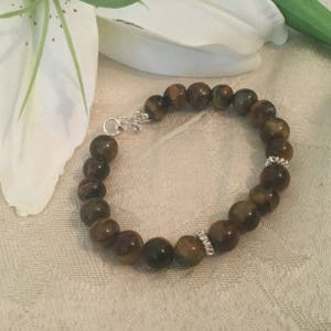 7mm Tiger&#39;s Eye Bracelet, Sterling Silver Bracelets For Men, Brown Beads Bracelet, Tiger Eye Gemstone