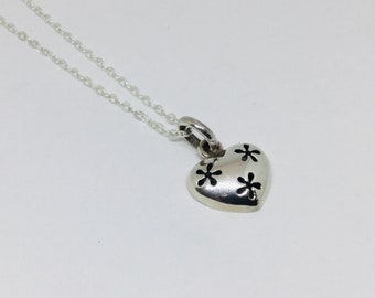 Solid Sterling Silver Heart Pendant, Love Heart Pendant, Flower Silver Necklace, Gift For Her