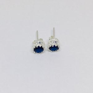 Round Blue Sapphire Stud Earrings in Sterling Silver, Cubic Zirconia Birthstone Earrings, Girls Earrings