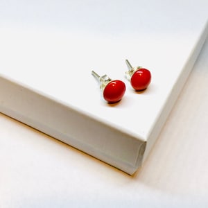 8mm Red Coral Stud Earrings Sterling Silver, Coral Gemstone Jewellery, Boho Jewelry