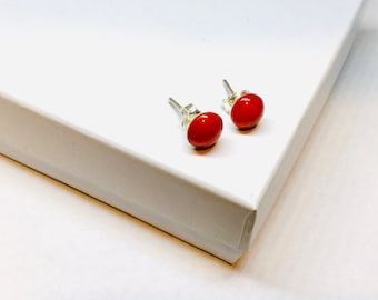 8mm Red Coral Stud Earrings Sterling Silver, Coral Gemstone Jewellery, Boho Jewelry
