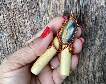 Labradorite Stone kuripe Auto-Applicator, Palo Santo Kuripe, Shaman Ritual Ceremony kuripe, Shaman Pipe