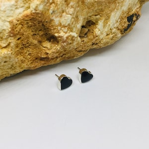 Black Onyx Earrings in Sterling Silver, Heart Stud Earrings, Black Gemstone Earrings, Gift For Mom