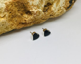 Black Onyx Earrings in Sterling Silver, Heart Stud Earrings, Black Gemstone Earrings, Gift For Mom