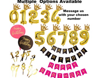 Black and Gold, Pink and Gold Birthday Party Decorations, Birthday Cake Toppers, Gold Number Balloons, Happy Birthday Banner